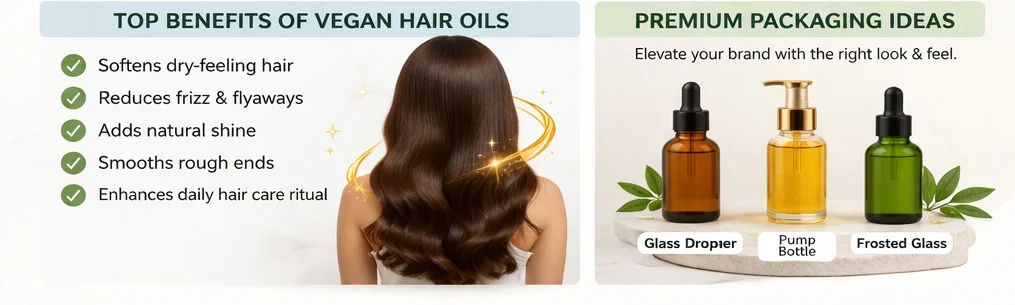 List of benefits of vegan hair oils and premium packaging options including glass dropper, pump bottle, and frosted glass.